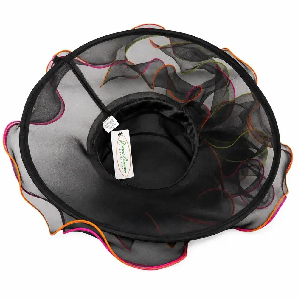 Y2K Black Organza Kentucky Derby Hat Wide Brim Neon Trim Feather Race Day Vtg